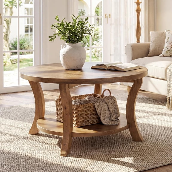 Tribesigns 31.5" Round Coffee Table with Storage Shelf, Farmhouse Solid Wood Center Table for Living Room, Rustic Brown