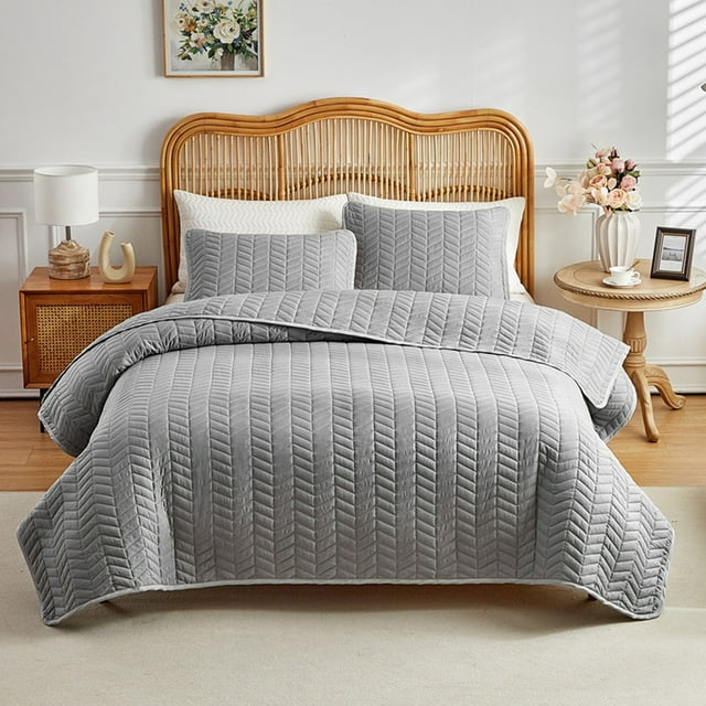 Housse de Lit Matelassée Double Face Lavée 3 Pcs Ensemble Couleur Unie Taie d'Oreiller 20x26 Po
