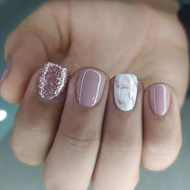 Extra Short Press on Nails Square French Tip Fake Nails Nude Acrylic False Nails with Marble Designs Full Cover Artificial Nails Cute Glue on Nails for Women 24Pcs