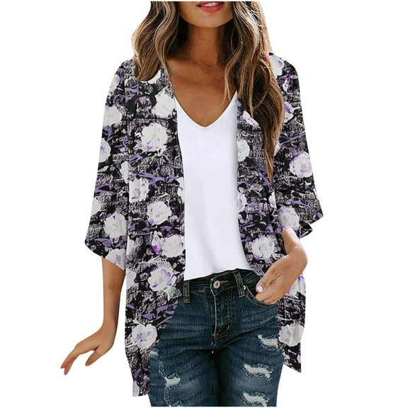 BangWanChi Summer Cardigans for Women Plus Size Lightweight Women's Long Sleeve Printing Casual Tops Blouse With Pocket Cardigan