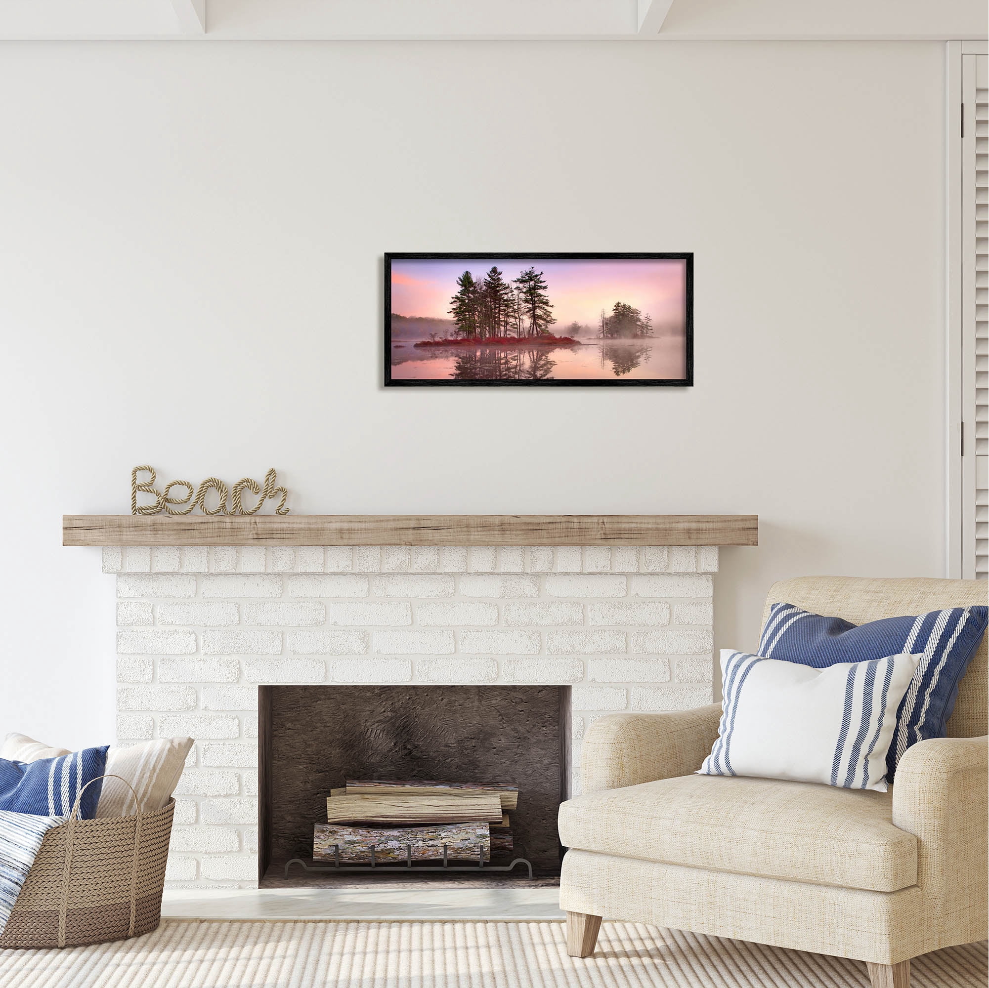 Stupell Industries Lake Island Trees Sunrise Sky Coastal Photography Black Framed Art Print Wall Art