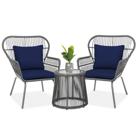 Best Choice Products 3-Piece Patio Conversation Bistro Set Outdoor Wicker w/ 2 Chairs Cushions Side Table - Gray/Navy