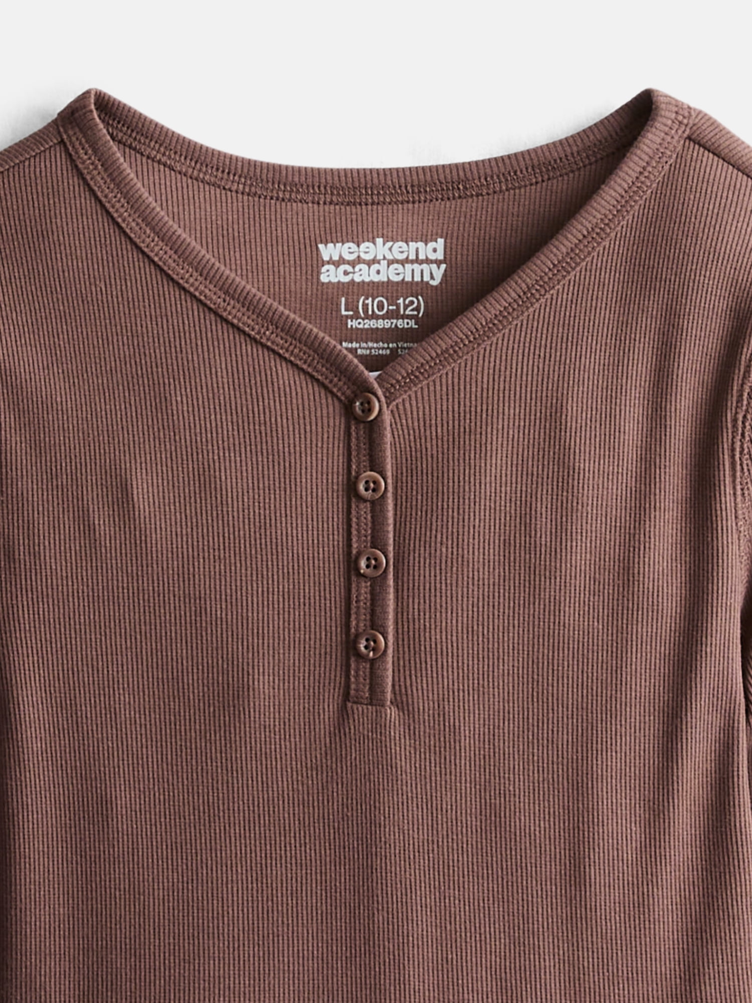 Weekend Academy Girls Ribbed Henley Top with Long Sleeves, Sizes 4-18