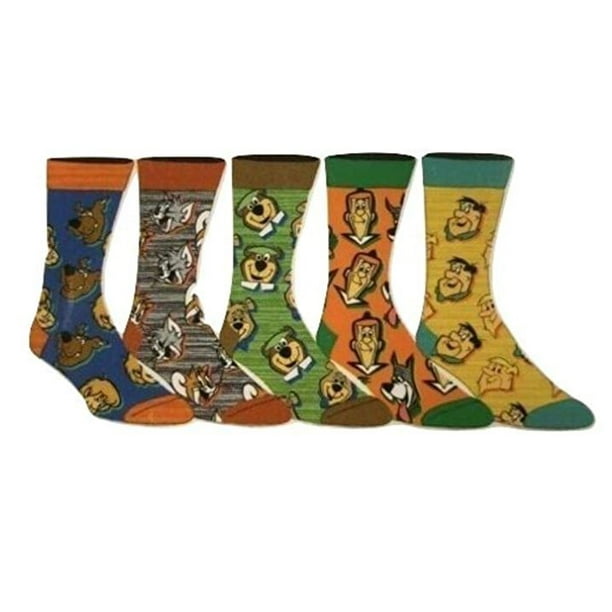 Mens Socks 5-Pack Characters Casual Novelty Crew Socks Fits Shoe Size 8-12  Flintstone Yogi Misc Cartoon Designs 