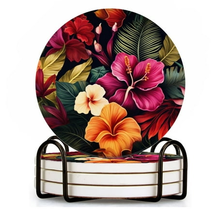 

BaHomeck Drink Coasters Set of 4 with Holder Vibrant flowers and lush foliage Water Absorbent Ceramic Coasters Tabletop Protection Suitable for Various Cup Home Decor
