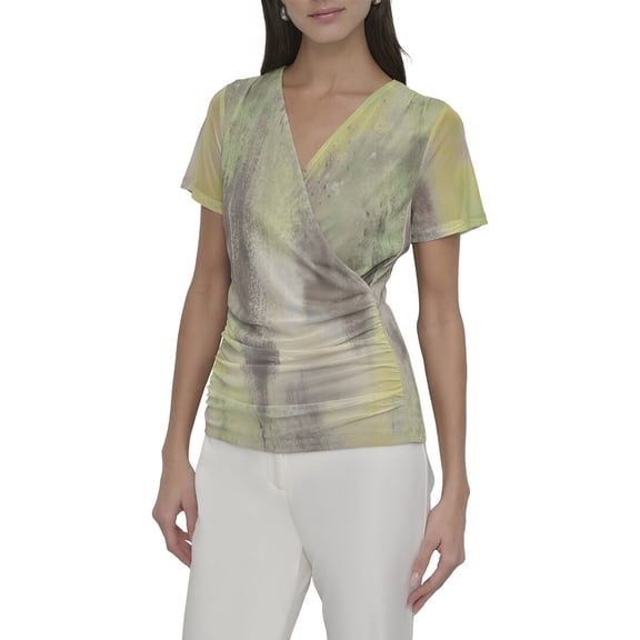 DKNY womens  Printed Mesh Surplice Top, m, Blue
