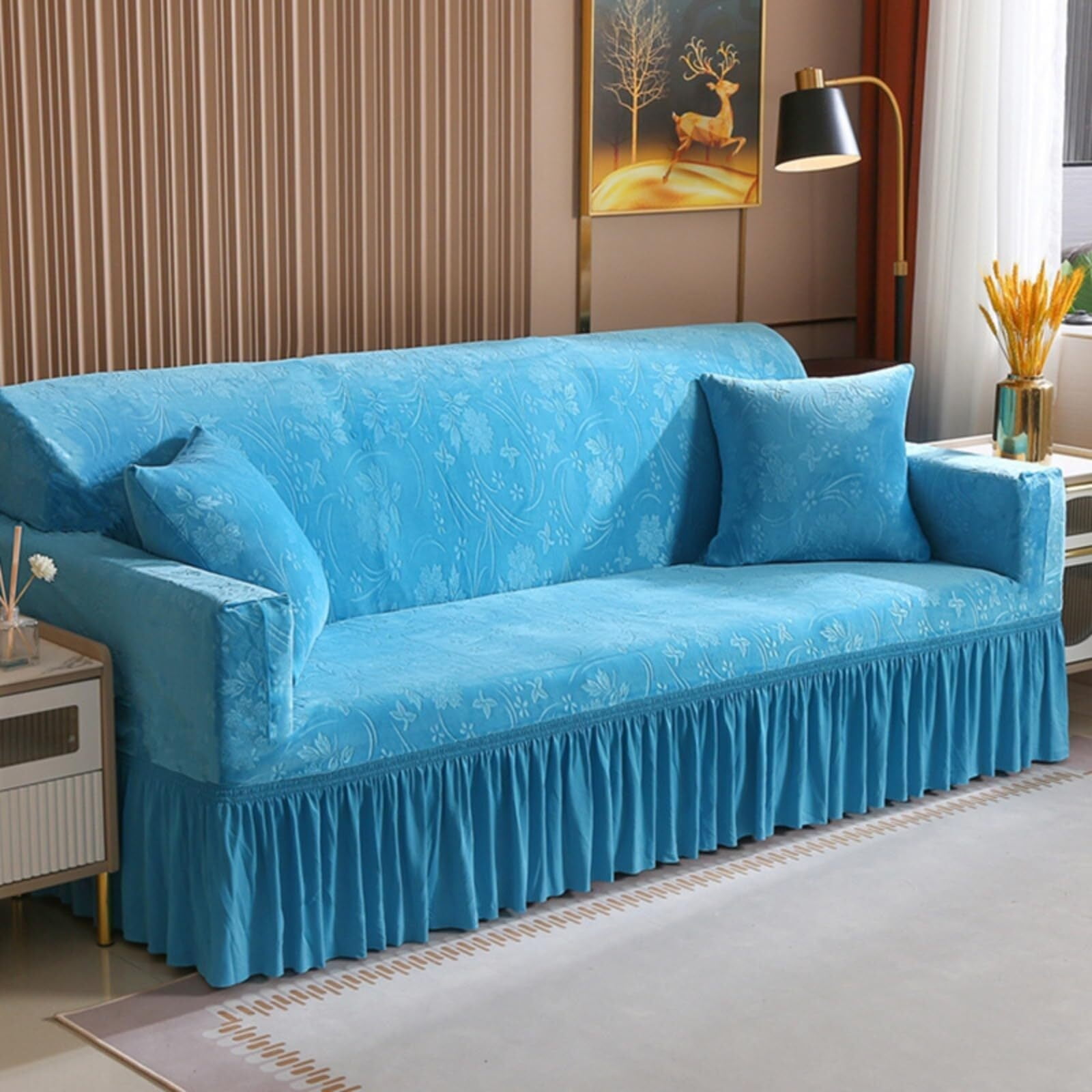 LKJYER Velvet Floral Sofa slipcover,Thick Embossed Couch Cover with Ruffled Skirt,Soft Sofa Cover for Chair loveseat sectional Sofa