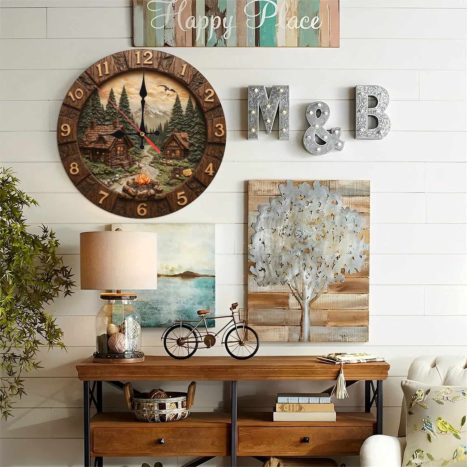 Rustic Cabin Mountain Scene Wall Clock Wood Log Cabin Home Decor 10-Inch Silent Wooden Wall Clock, Battery Operated (AA Batteries Not Included), Artistic Home Decor
