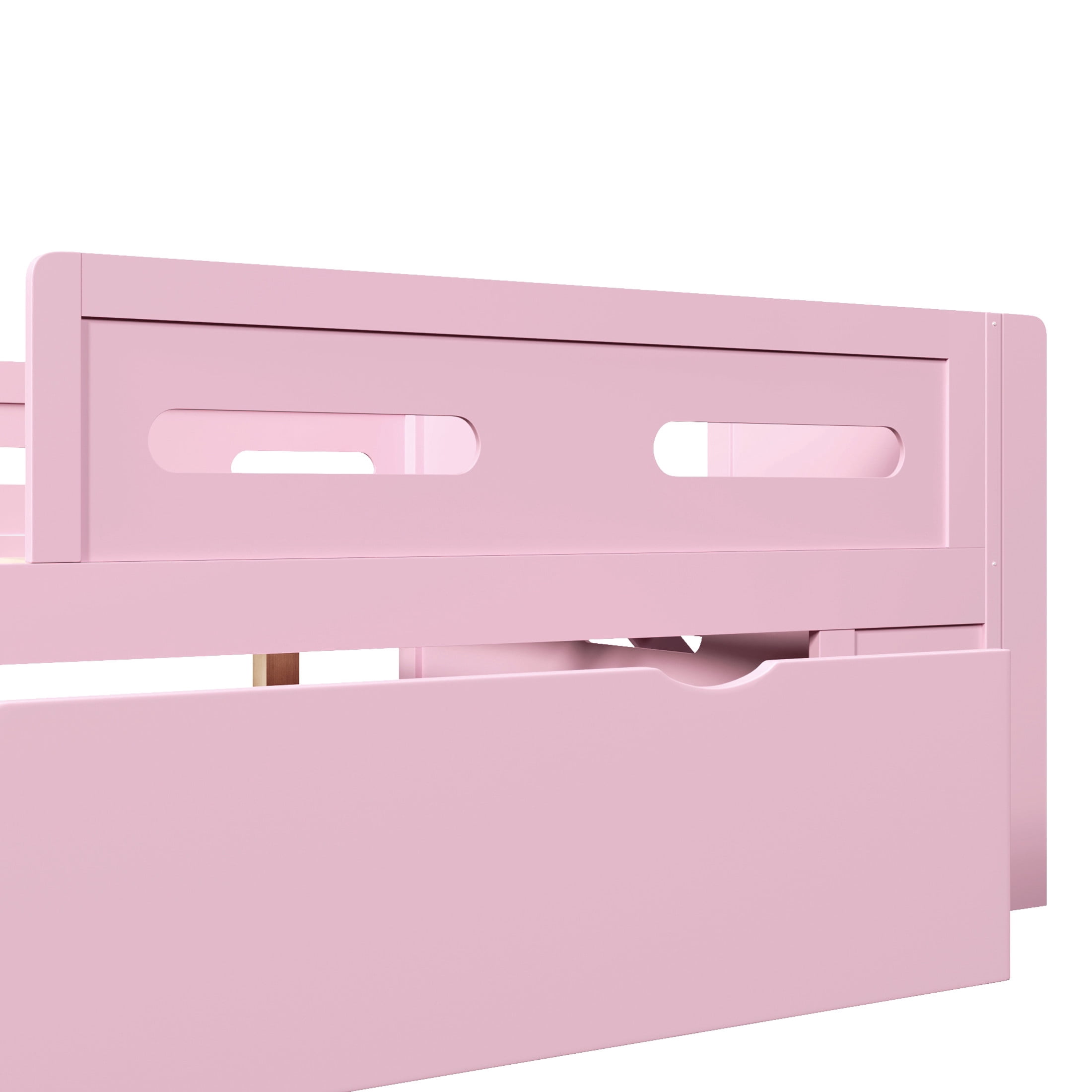 Noble House Genrix Full Size Pine Wood Platform Bed with Guardrail and Storage Drawer, Kids Bed Frame, Pink