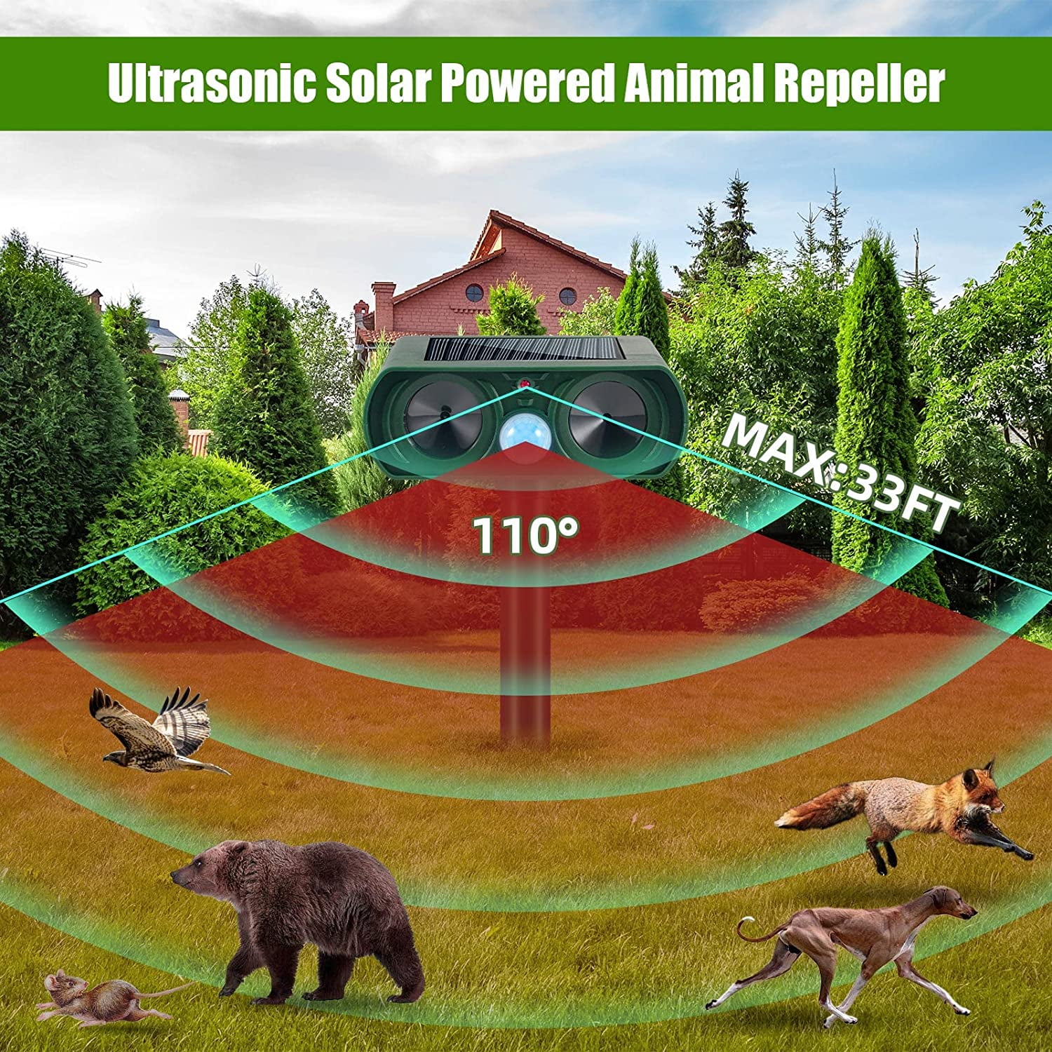 Kqiang Ultrasonic Animal Repellent Waterproof Solar Deterrent Cat Repellent Suppository Set with Ultrasonic Animal Repellent, Unscented (2 Pack)