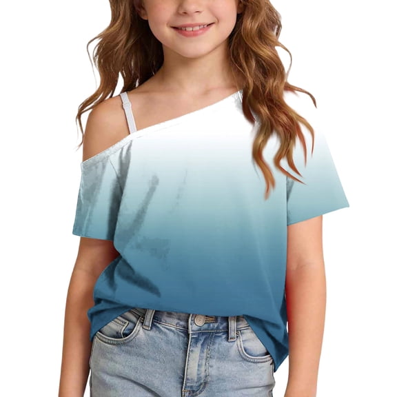 Atogsazn Girls Summer Gradient Short Sleeve Tshirt Kids Casual One Shoulder T-shirt with Strap Tunic Tee Blue 5-6 Years Fashion