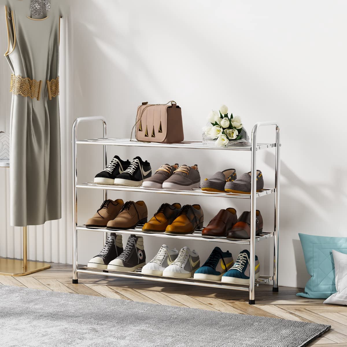 FANHAO 4-Tier Shoe Rack, 100% Stainless Steel Shoe Storage Organizer, up to 12 Pairs for Entryway