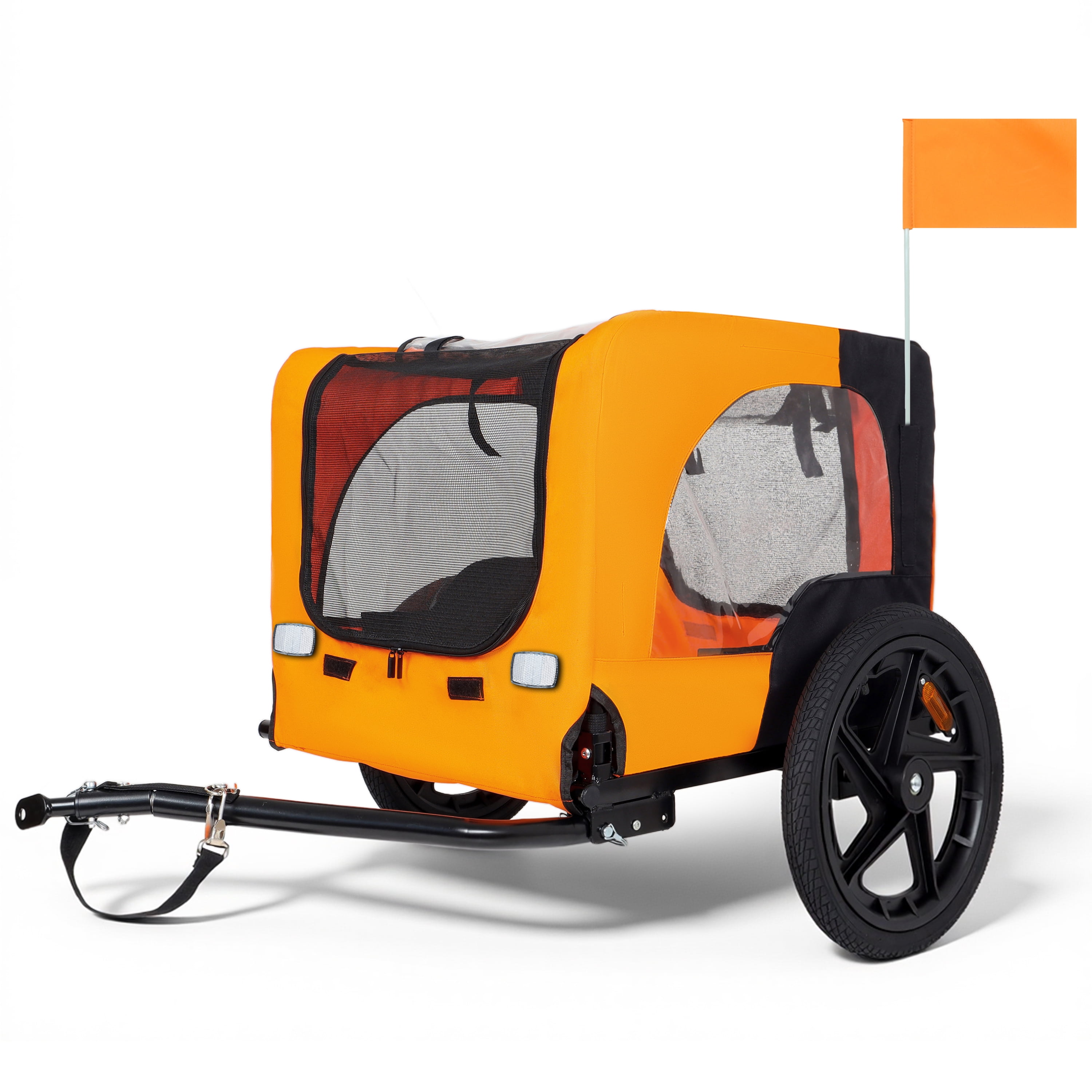 Collapsible Pet Bike Trailer, 16in All-Terrain Wheel Foldable Dog Carrier Cart with Universal Hitch, Reflective Safety Design Waterproof Mesh for Outdoor Cycling, Black & Orange