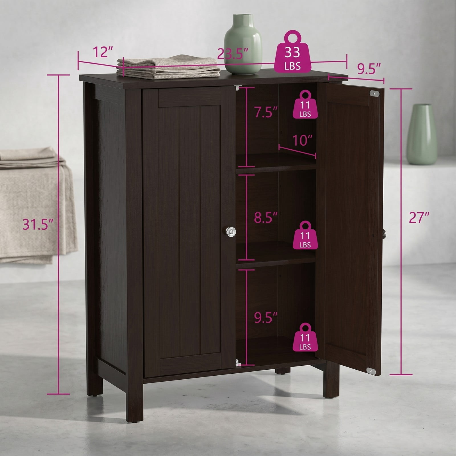 Fenbeli 2-Door Bathroom Floor Storage Cabinet, Freestanding Wooden Storage Organizer with 6-Position Adjustable Shelves, Space-Saving Side Cabinet for Bathroom, Brown