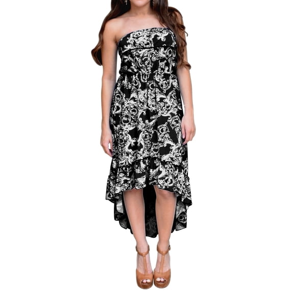 Peach Couture Women's Ruffled Strapless Fitted Waist High Low Paisley Blouson Dress