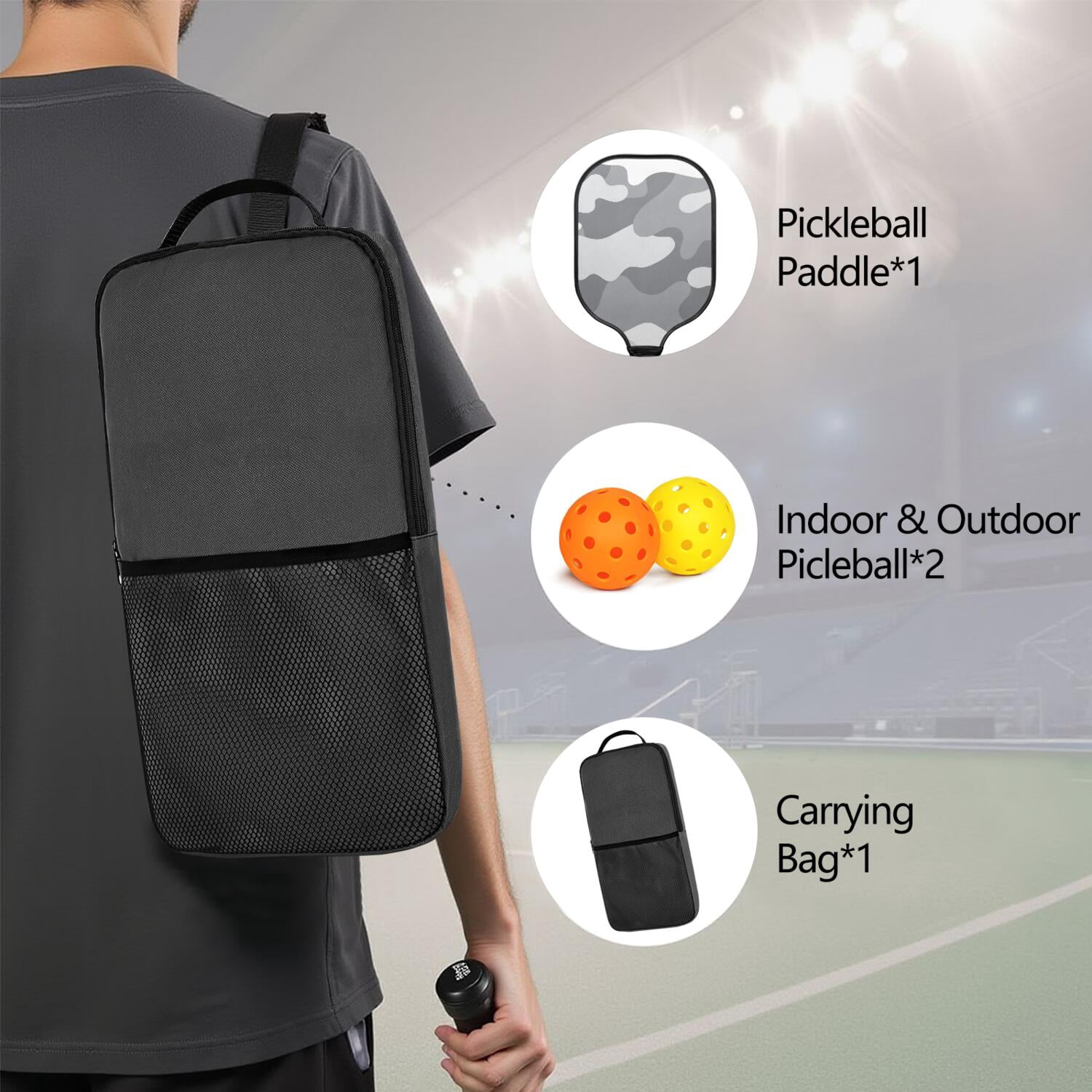 Pickleball Paddles Set Of 1, Fiberglass Surface, Camouflage Print, 1 Paddle, 2 Balls & Bag