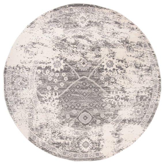 Distressed Oriental Border Area Rug 6' 6" Round Gray