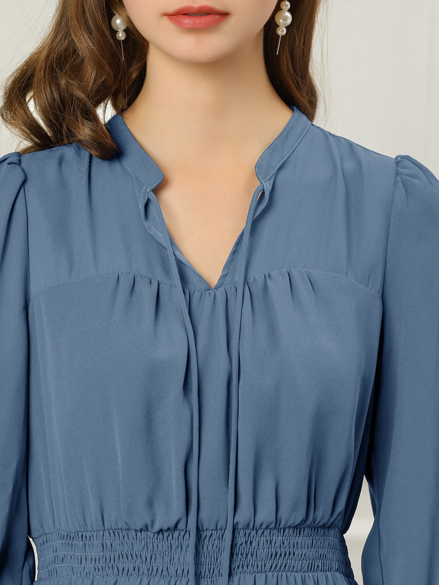 DARING DIVA Tie V Neck Chiffon 3/4 Sleeve Smocked Mini A-Line Dress M Blue Grey