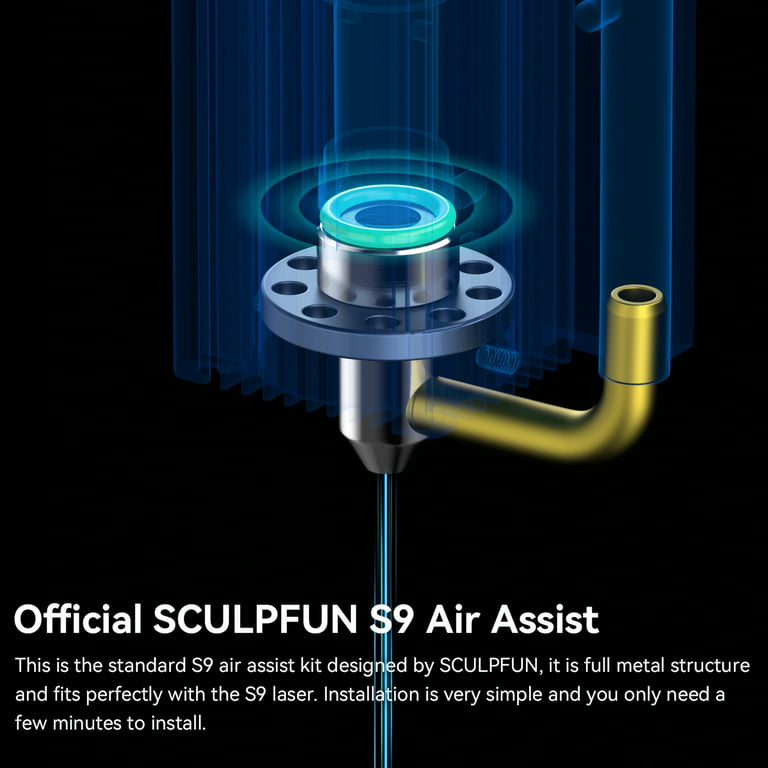 SCULPFUN SCULPFUN S9 Air Assist Nozzle Kit with Air Pump Version High Speed  Air Assist Full Metal Structure Perfectly Fits SCULPFUN S6 PROS9 Lasers  Easy to Install Upgraded Engraving and Cutting 