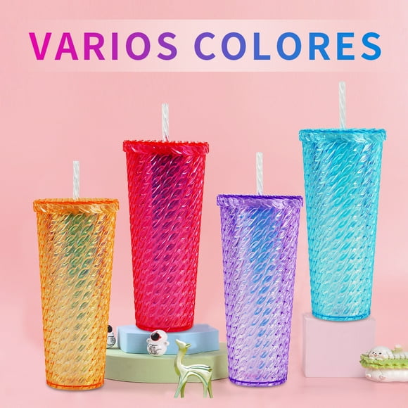 Vaso Textura cadena doble pared 700 ml con popote Tornasol Rosa