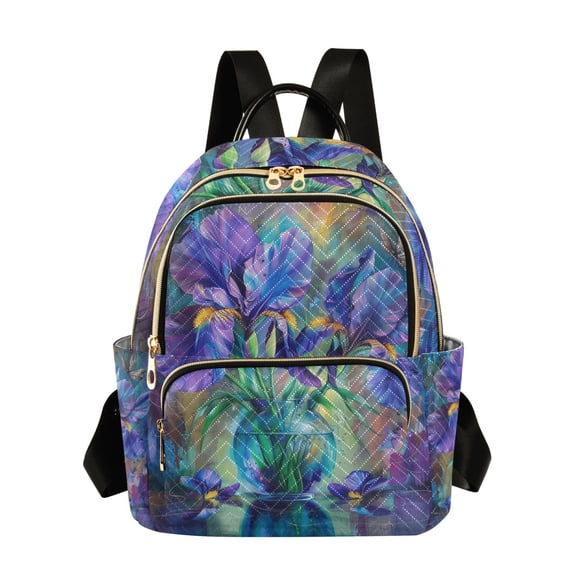 JIALIOU Mini Backpack Purse for Women Quilted Casual Daypack Small Travel Shoulder Bag, Irises Flower in Vase