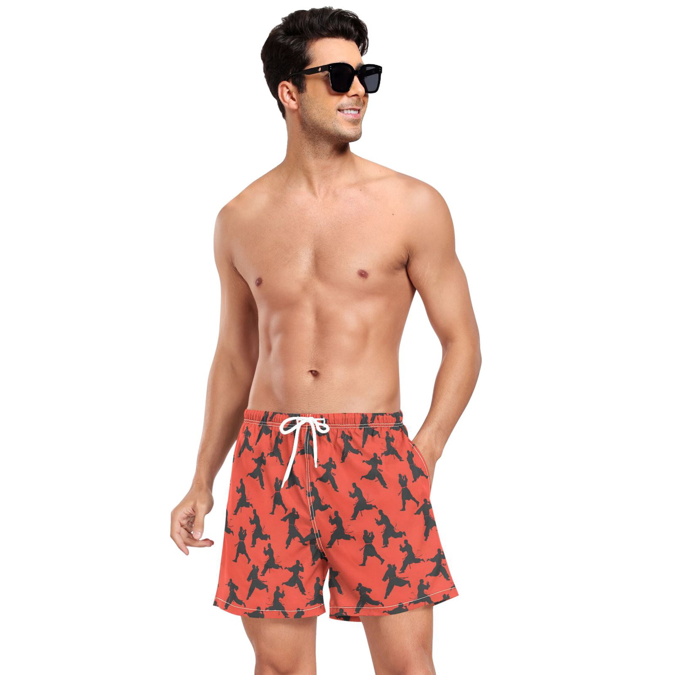 joogoo Men's Karate Style Red Swim Trunks with Liner Pocket Beach Shorts XXL
