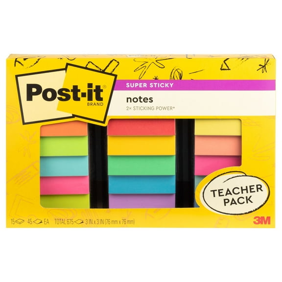 Post-it Super Sticky Notes Teacher Pack, Assorted Colors, 3 in. x 3 in., 15 Pads