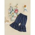 thumbnail image 4 of Baby Girl's 2pcs Outfits Flower Print Sleeveless Sling Romper + Elastic Waist Flared Pants Set, 4 of 9