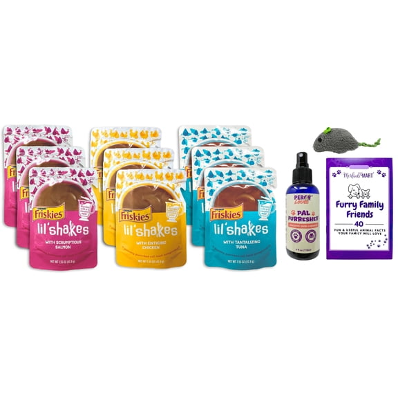Friskies Lil' Shakes Gravy Cat Food - 3 Flavors (3) Each: Salmon, Chicken, Tuna | MerlinsMart Zine, Percy Loves Pal Furresher, & Catnip Toy