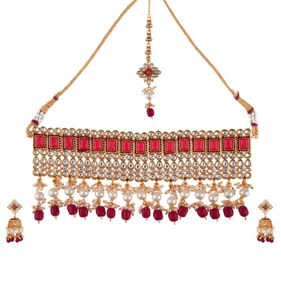 Efulgenz Indian Jewelry Choker Necklace Maang Tikka Earrings Bollywood Wedding Crystal Kundan Necklace Earrings Head Chain Set