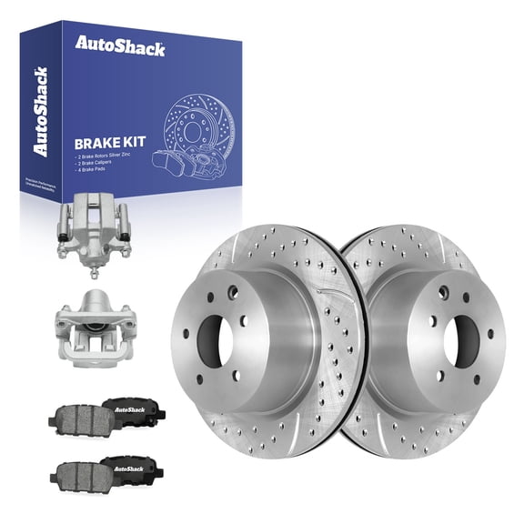 AutoShack Rear Vented Drilled & Slotted Silver Zinc Coated Brake Rotors   Ceramic Pads   Calipers 8-PC Brake Kit Replacement for 2004-2005 INFINITI G35 SilverShield Pro 12.11" (307.7 mm)
