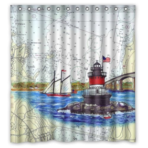 HelloDecor Sailboat Bridge Plum Beach Lighthouse Shower Curtain Polyester Fabric Bathroom