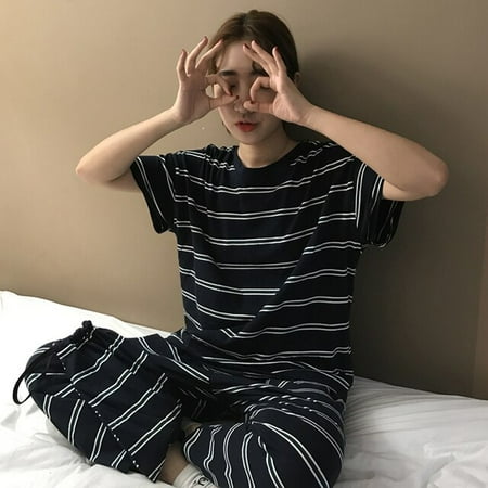 

CoCopeaunt Pajama Sets Women Korean Striped Printed Simple Loose Casual Trendy Sweet Female Sleepwear Comfortable Breathable Nightwear Chic
