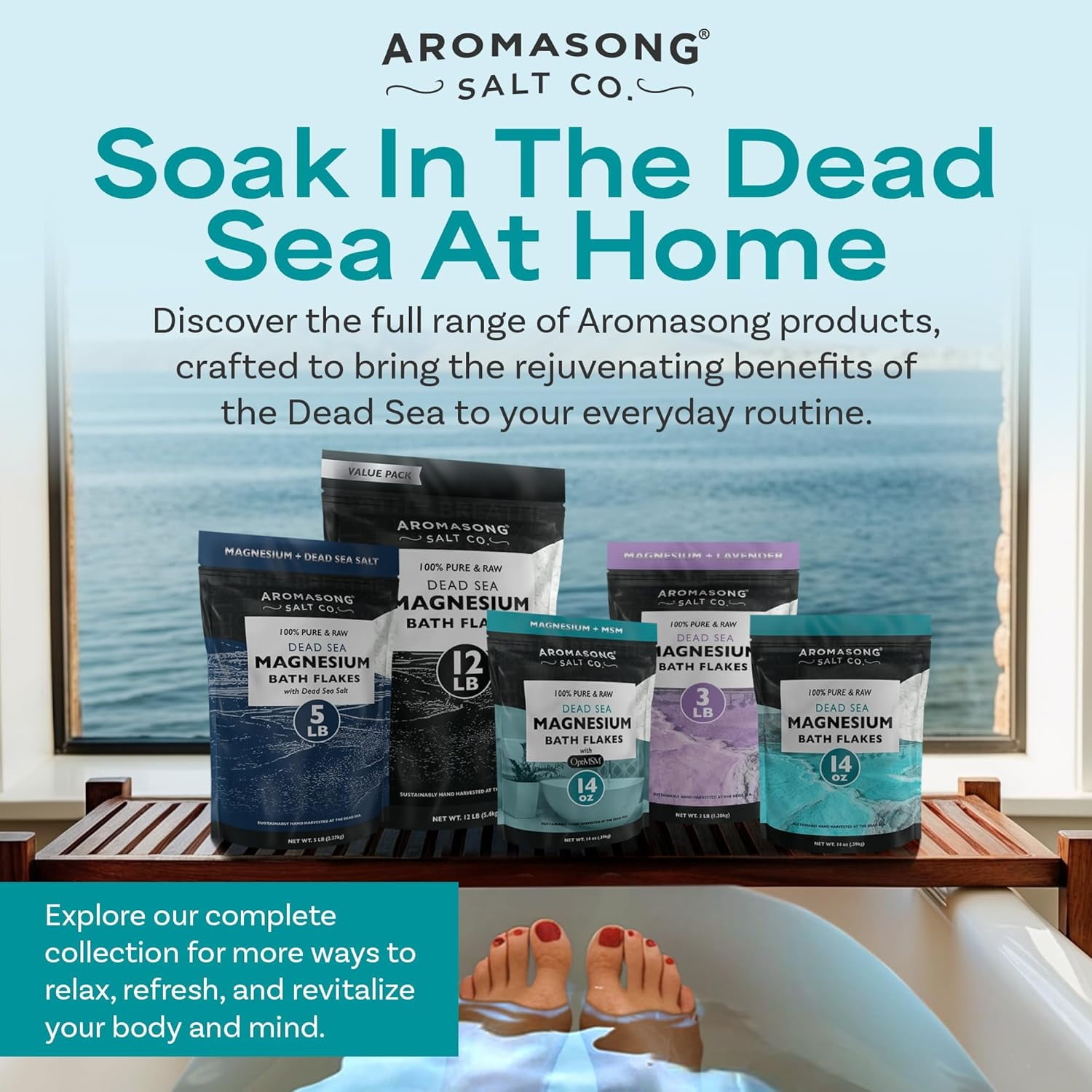 Aromasong Raw Magnesium Flakes for Bath, Dead Sea Magnesium Chloride Bath Salt, Unscented Mineral Soak, 12 lb