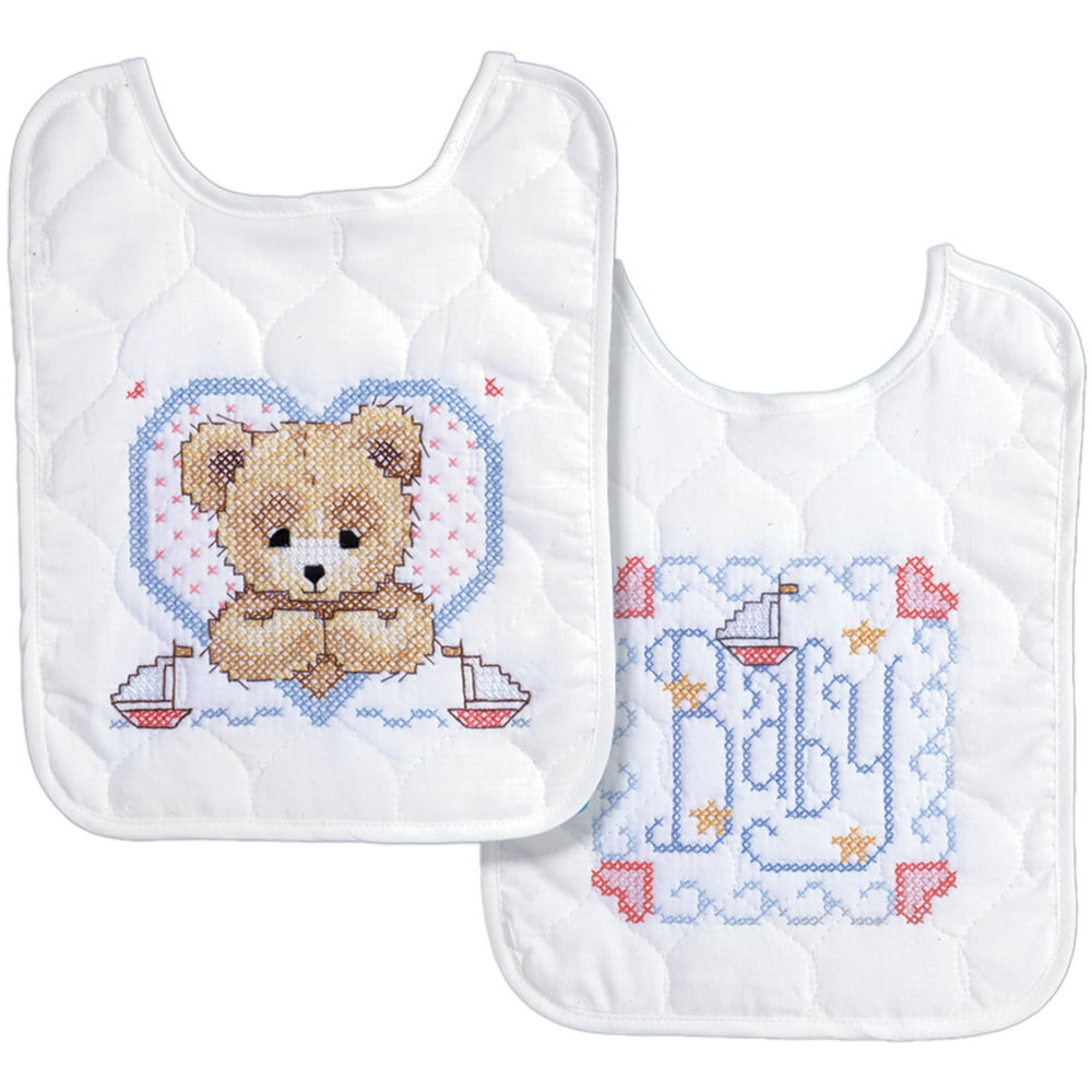 Tobin Baby Bibs Stamped Cross Stitch Kit, Bear & Baby, Set of 2