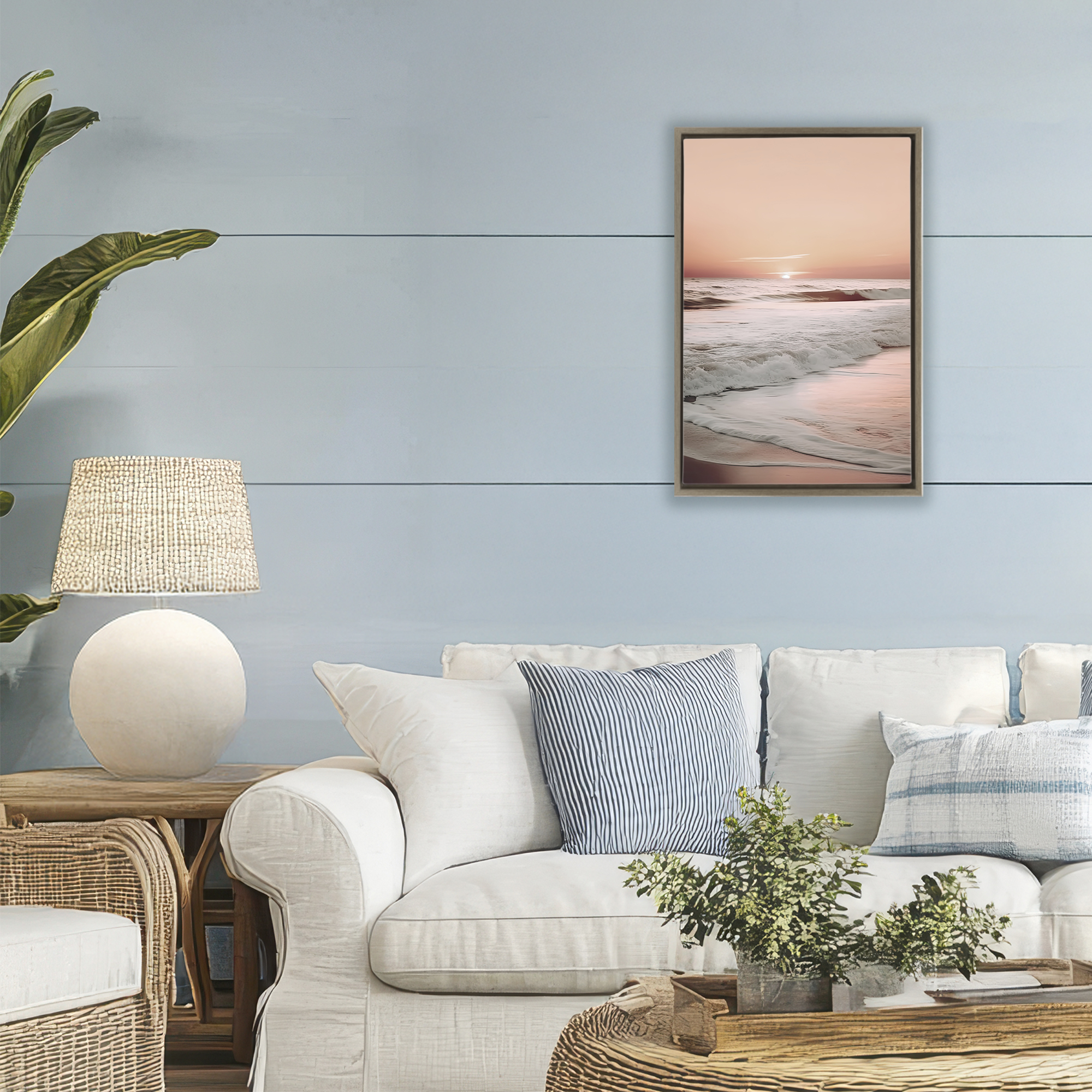 Apricot Beach View Brown Framed Floater Canvas Wall Art, design by Decent Exposures
