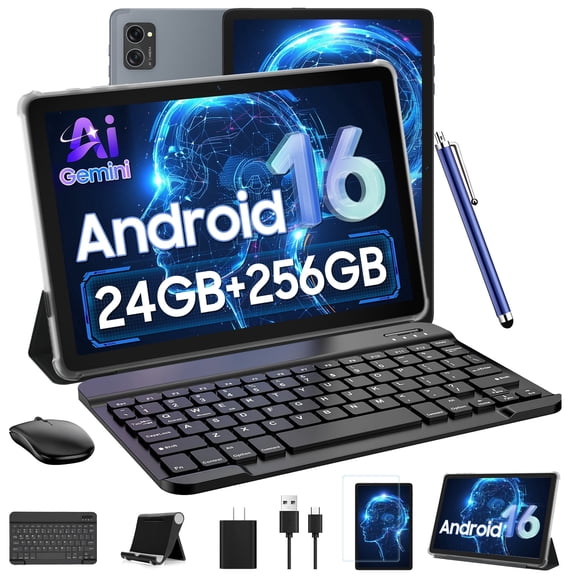Gemini AI Tablet 10 inch,Android 16 Tablet,24GB RAM 256GB ROM 2TB,Keyboard & Pen Bundle,Octa-Core, Widevine L1,5G WiFi,Bluetooth 5.0,Smart Lens,2-Year Warranty-Grey