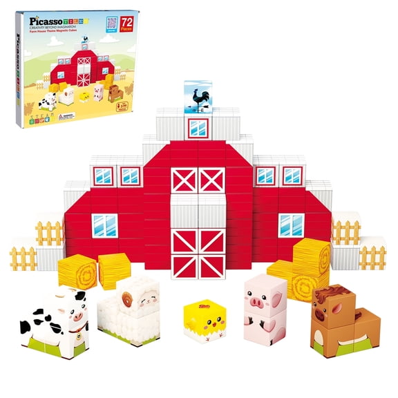 PicassoTiles 72PCS Farm House Magnetic Cube Set, Mix & Match Building Blocks with 5 Character Action Figures, STEM Educational Sensory Toy for Kids 3