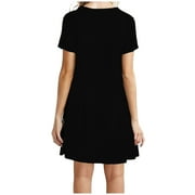 QENGING Spring Dresses for Women Casual Short Sleeve O-Neck Solid Plus Size Loose Mini Shirt Dress Black 2023 Deals