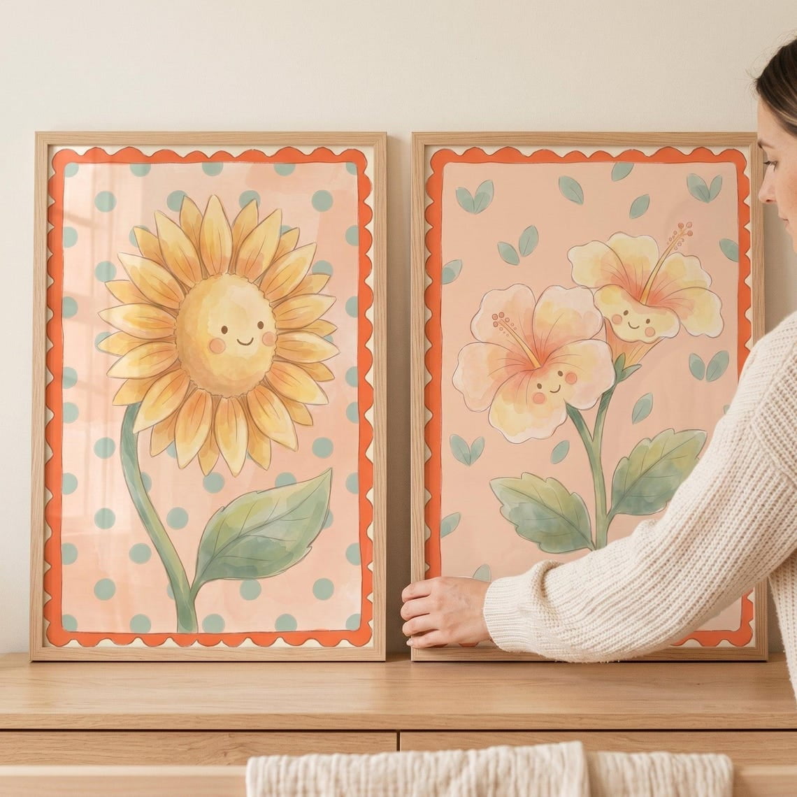 Boho Whimsical Smiling Flower Wall Art Set of 2 Cute Sunflower Hibiscus Nursery Decor Kawaii Floral Print Pastel Peach Art Kids Decor Set 2