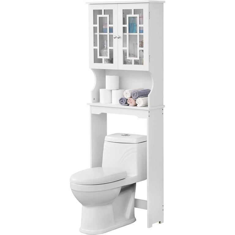 Erinnyees Toilet Storage Wooden Bathroom Organizer with 2 Glass Doors &  Adjustable Shelf, Over Toilet Cabinets for Bathroom, White 