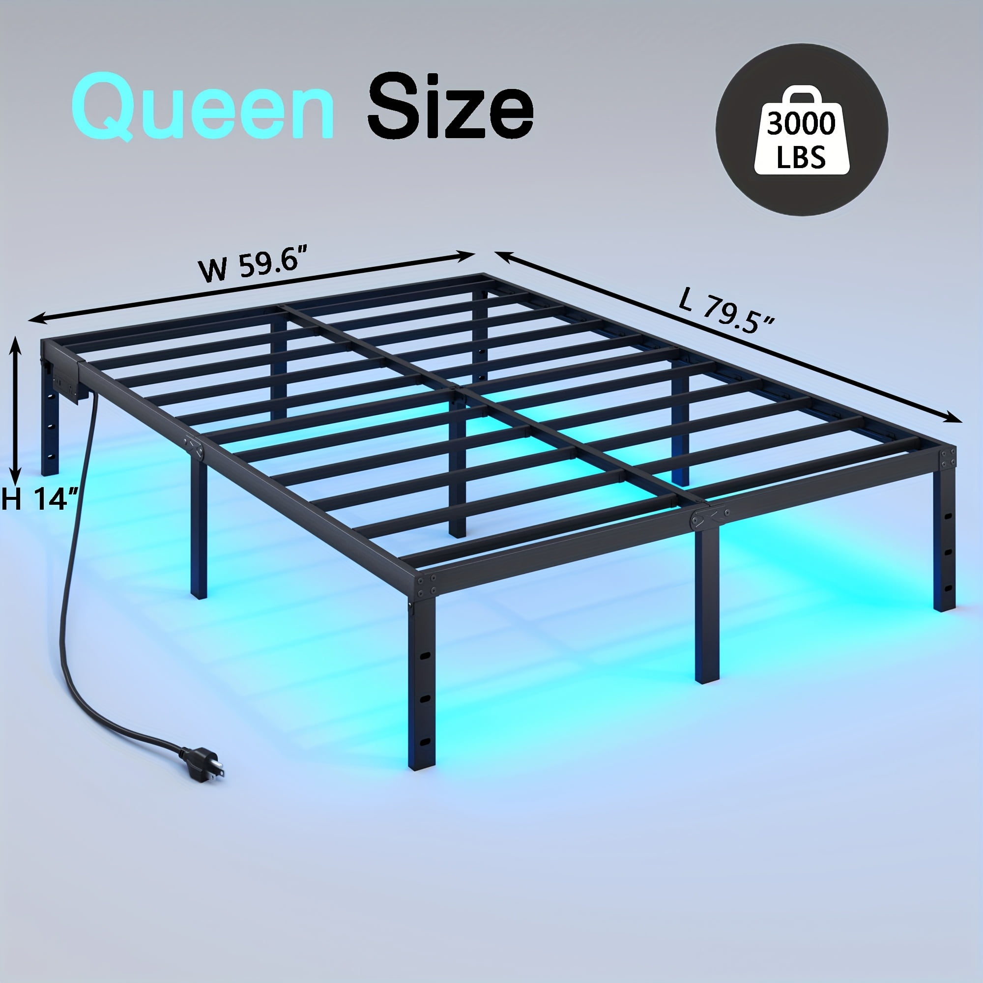 WANTAI 14 inch Queen Heavy Duty Metal Platform Bed Frame with Charging Station and LED Lights, No Box Spring Needed, Easy Assembly, No Noise