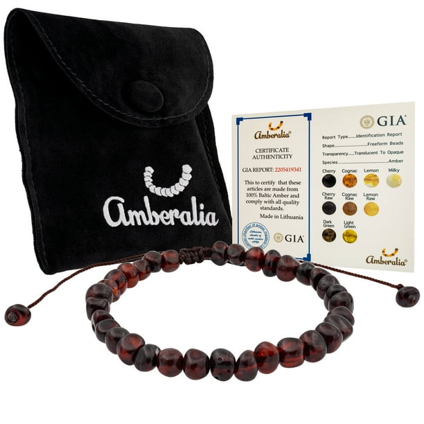 Amberalia Pulsera para Adulto, modelo ajustable SIN nudos entre cada cuenta de Ámbar Báltico (16 cm + 5 cm). Ámbar Importado de Lithuania, Unitalla. Color Cognac Pulido. Amberalia Pulsera ajustable Adulto, sin nudos