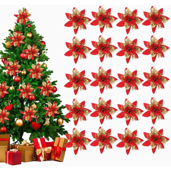 Visland 13cm / 5in Artificial Gold Red Poinsettia Flowers Decorations with Clips and Stems Glitter Christmas Tree Ornaments for Xmas Wedding Party Wreath DIY