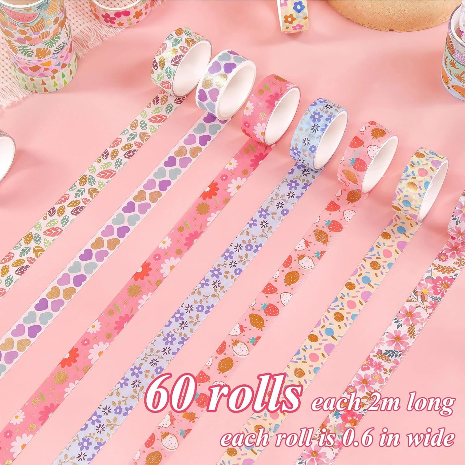 60 Rolls Washi Tape Set, 15 mm  Foil Cute  Floral Decorative for Journaling Supplies