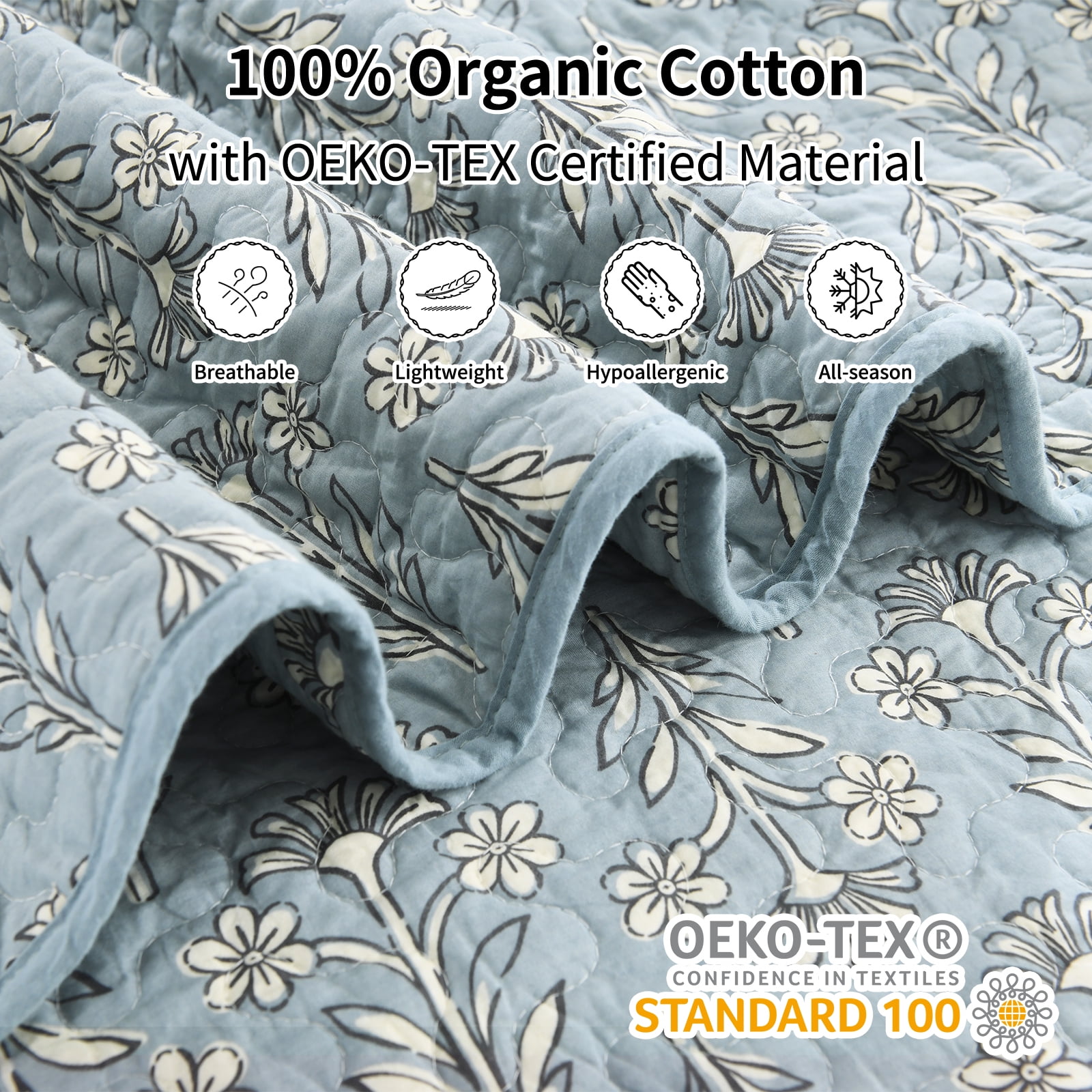 Bedduvit Dusty Blue Floral Quilt, 100% Organic Cotton Queen Size Quilt Set, Lightweight Quilted Bedspread for Queen Bed, Elegant Modern All Season 3-Piece Spring Summer Comforter Bedding Set, 98"x90"
