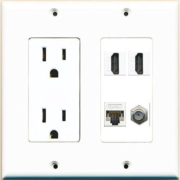 RiteAV Power Outlet 2 HDMI White Coax Cat5E Wall Plate White