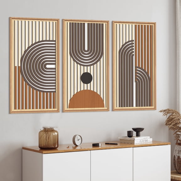 3D Geometric Line Wood Wall Art  Framed Wooden Boho Wall Decor Set of 3 Mid Century Modern Wall Sculptures for Living Room Bedroom 16 x32 Inch