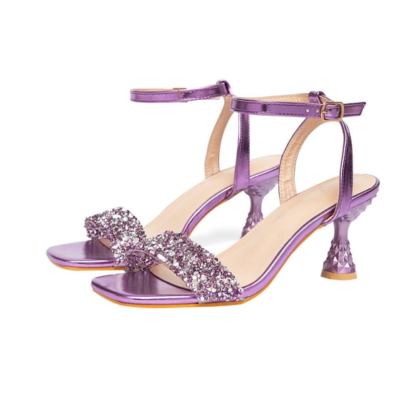 Heel Sandals for Women 7 CM Purple Sexy Ankle Strap Square toe Sparkling Rhinestones Party Dress Heel Wedding Evening