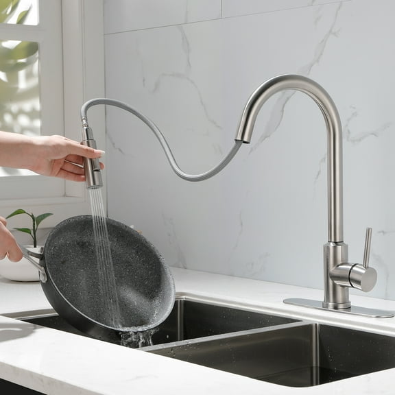 Single Handle High Arc Pull Out Kitchen Faucet,Single Level Stainless Steel Kitchen Sink Faucets with Pull Down Sprayer
